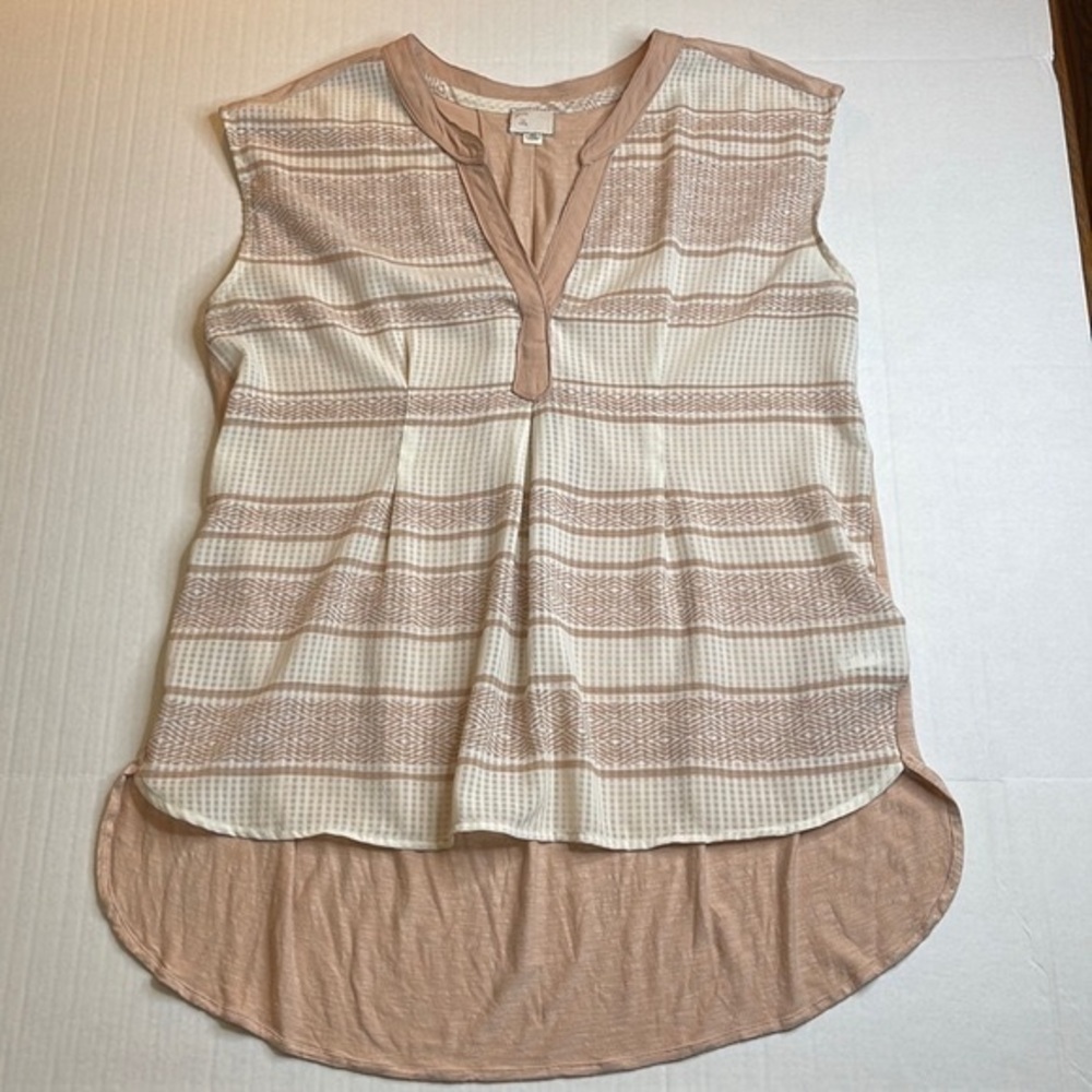 Anthropologie Postmark Split Neck Hi-Low Tank Top Tan and Cream Stripe Size L - Picture 2 of 10